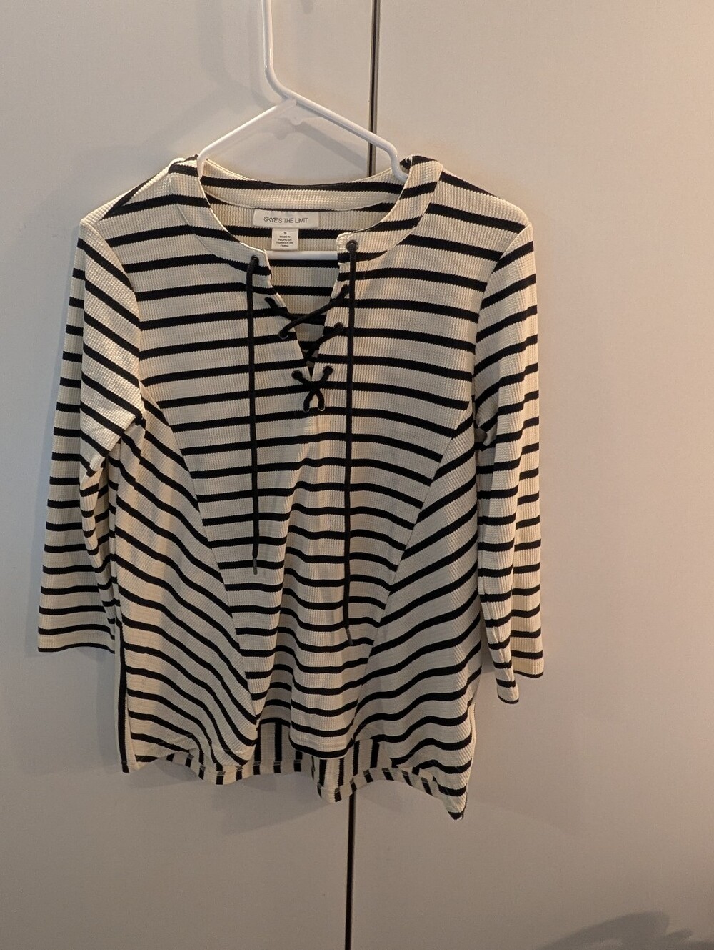 Skies The Limit Small Black & White Striped Lace-Up Women's Top